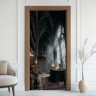 Europäische Bibliothek Türaufkleber, Wendeltreppe Türfolie Selbstklebende Fototapete, Bibliothek Bücherregal Türposter Abnehmbar Türfolie PVC Für Tür Badezimmer Türaufkleber 77x200 cm