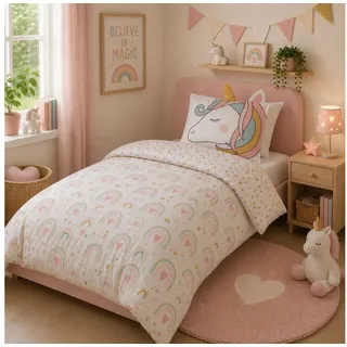 Familando Kinderbettwäsche Unicorn 135x200 80x80 cm Bettwäsche Einhorn mit Ohren, Renforcé, 2 teilig, mit liebevollem Motiv & süßen Details für Mädchen