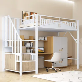 Merax Metall-Hochbett 90 x 200 cm, multifunktionales Hochbett mit 1 Schlafplatz, Schrank und Leiter für Lagerung, weiß (ohne Matratze und Kleiderschrank)