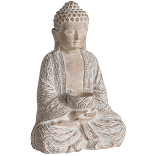 Boltze Buddha NEHMET, Beige - H 30 cm - Kunstharz - mit Teelichthalter