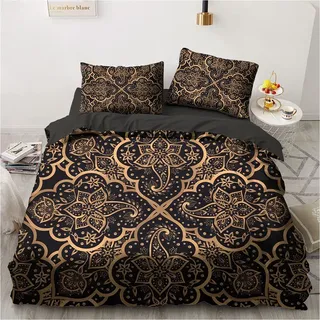 Luowei Böhmen Bettwäsche Set 200x220cm Schwarz Gold Böhmisches Mandala Muster Dekoratives Bettbezug und 2 Kopfkissenbezüge 80 x 80cm mit Reißverschluss