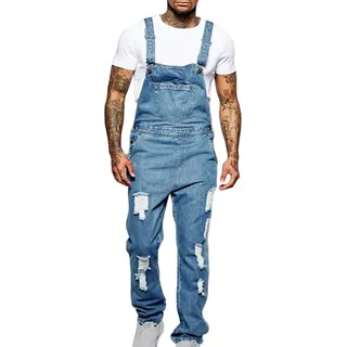 shownicer Herren Jeans Latzhose Lange Jeanshose Retro Denim Bib Overall Skinny Fit Stone-Washed Streetwear Zerreißen Arbeitshosen Jumpsuit - L