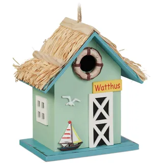 Relaxdays Vogelhaus, Strandhausstil, Holz, zum Aufhängen, HxBxT: 24,5 x 19 x 13,5 cm, Vogelvilla für Garten, bunt
