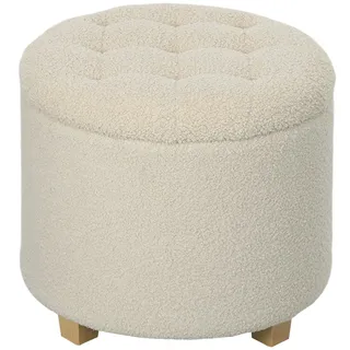 HOMCOM Sitzhocker mit Stauraum klappbare Hocker mit Deckel, Runder Fußhocker Sitzwürfel Aufbewahrungsbox Polsterhocker mit Holzbeine, Kaschmiroptik 45 x 41 x 41 cm Cremeweiß