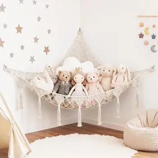 AUAUY Kuscheltier Aufbewahrung Netz, Boho Makramee, mit Quasten, Beige | Stofftier Hängematte, Aufbewahrung Kuscheltiere Lagerung Netz, Spielzeugaufbewahrung, für Kinderzimmer Schlafzimmer