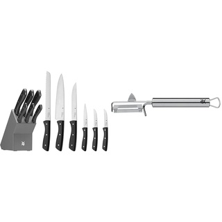 WMF Messerblock mit Messerset 7-teilig, Küchenmesser Set mit Messerhalter, 6 scharfe Messer & Profi Plus Kartoffelschäler Pendelklinge 19 cm, Pendelschäler einschneidig, Gemüseschäler