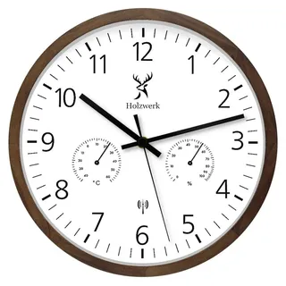 Holzwerk Funkwanduhr Hygrometer & Thermometer Holz Loft Designer Funk-Wanduhr (Nahezu lautloses Uhrwerk, analog, 30 cm) braun