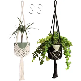 Dakuailo Makramee Hängeampel, 2er Set, Boho Deko für Blumen, 89 cm, Beige/Black