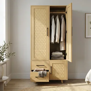 Kleiderschrank Aus Holz Mit Rattan-optik, Garderobenschrank 80x52x176 Cm Mit Kleiderstange Und 2 Schubladen, Mit Kippschutz, Skandinavischer Boho-stil, Eiche Hell