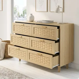Sideboard Kommode Im Skandi-stil Mit 6 Bambus-schubladen, Schrank Mit Runden Füßen, Viel Stauraum, 115x40x80 Cm - Natur