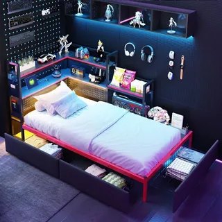 Merax Gaming Bett 90x200cm mit LED und USB, Tagesbett Metallbett mit 3 Schubladen und Regalen, Stauraumbett mit Lochwand und Lattenrost, Schwarz - Schwarz