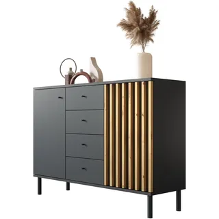 Newroom Kommode mit Schubladen Schwarz Wildeiche Sideboard Flur | Lamellenfront Vintage, 2 Türen und 4 Fächer, Anrichte Highboard modern, Metallbeine, Wohnzimmer Schlafzimmer