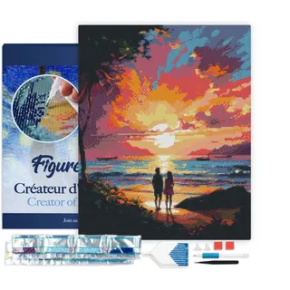 Figured'Art Diamond Painting Erwachsene 40x50cm Mit Rahmen Ganze Leinwand gespannt Pärchen und bunter Sonnenuntergang 5D Bilder Eckige Steine - DIY Set Basteln