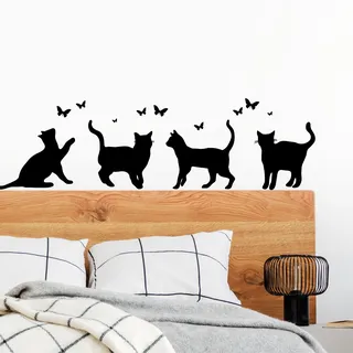 Wandtattoo Loft Vier Katzen mit Schmetterlingen- Wandtattoo, Wandbild, Wandaufkleber, 30 versch. Farben / 3 Größen wählbar