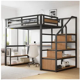 Odikalo Hochbett 140x200 Jugendbett mit Schreibtisch (140*200 Metall-Hochbett mit Aufbewahrungsleiter mit Regalen und Tisch, Sicherheitszaun-Design mit gespleißten Metallplanken, Hohes Eisenrahmenbett mit Metallrahmen für stabile Unterstützung, Weiß / Schwarz)