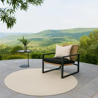 Teppich-Traum Teppich Outdoorteppich klein runder Balkon Terrasse Wintergarten wetterfest Indoor Jute Look Linienmuster in Kreisform Creme, 80 cm Rund