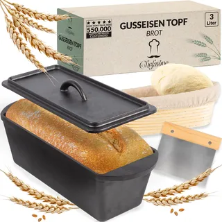 Chefarone Gusseisen Brotbackform mit Deckel - Backform für Brot und Kuchen - Brotbacktopf Kastenform Backen Braten rechteckig - Gusseisen Topf Brot backen - 28 x 12 cm
