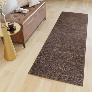 TAPISO Sari Teppich Läufer Flur Dunkelbraun Meterware Kurzflor Küche Wohnzimmer Schlafzimmer Küchenläufer Brücke nach Maß ÖKOTEX 90 x 150 cm