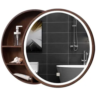 Spiegelschrank Badezimmer rund mit Licht, wandmontierter Schlafzimmer-Kosmetikspiegel aus Holz mit Aufbewahrungsschrank, runder Kosmetikspiegel mit Licht