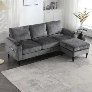 OPODEE 4-Sitzer Sofa mit Hocker & Stauraum, Modulares Ecksofa L-Form aus Chenille, Couch mit Getränkehalter & Seitentaschen, Kompakte Wohnlandschaft für Wohnzimmer & kleine Räume, 196x130x77 cm, Grau