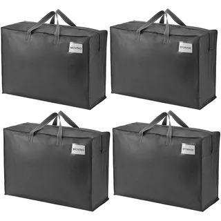 VENO 105 Liter Extra Groß Aufbewahrungstasche mit starke Griffe und Reißverschlüssen für Umzug, Camping, Kleideraufbewahrung, Reisetasche, Unterbett Aufbewahrungsbox (L Schwarz - 4-er Set)