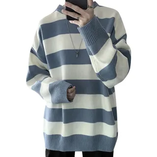 PIYAX Gestreifter Pullover Herren Vintage Kleidung Winter Herren Korea Stil Rundhals Strickpullover Pullover Hip Hop Streetwear