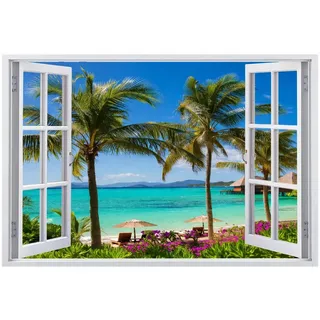 Wandbilder Wandtattoo 3D Palmen Wanddurchbruch Wandaufkleber Strand Naturlandschaft Fensterdeko Bilder Wanddeko Mädchen Aufkleber Selbstklebend Fenstersticker Wandsticker Kinderzimmer Deko