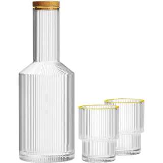 ALINK Glas Nachttisch Wasserkaraffe mit Deckel und Glastassen Set, gerippte Karaffe mit Goldrand, Glaswaren Trinkgläser für Nachttisch, 27oz Vintage geriffelte Glaswaren Wasserkrug