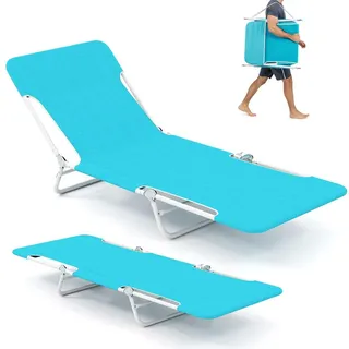 COSTWAY Strandliege 2er Set klappbar, Sonnenliege mit verstellbarem Rücken- & Fußteil und Tragegurt, tragbare Klappliege, Liegestuhl bis 150kg Blau - Blau/Weiß