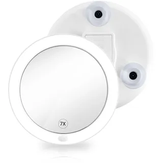 EMKE Kosmetikspiegel mit Beleuchtung 7fach, 165mm rund LED Vergrößerungsspiegel mit saugnapf, ohne Bohren Tragbarer Schminkspiegel Wandspiegel batteriebetrieben