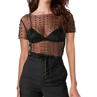 Naileksi Frauen Perlen Strass Sheer Mesh Crop Tee Top Sexy Durchsichtig Kurzarm Slim Fit Crop T-Shirt Club Sommer, Black Pearl, Groß - L
