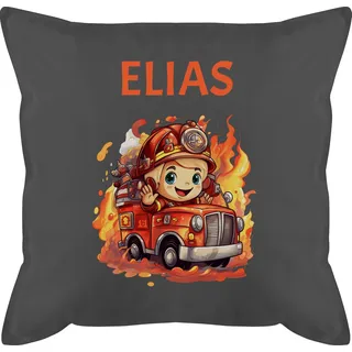 Kissen 50x50 - Feuerwehr - Geschenk Feuerwehrmann mit Name personalisiert I Löschfahrzeug Motiv - 50 x 50 cm - Grau - feuerwehrkissen Kinder personalisiertes Feuerwehrauto Auto Polster Jungen Kind
