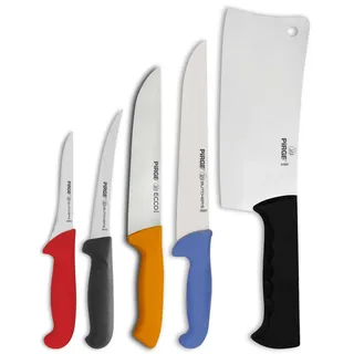 Pirge Metzgermesser Set 5 TLG Schlachtermesser - Fleischermesser - Stechmesser - Exzellenter Schärfe Ausbeinmesser - Hackmesser - Edelstahl Profi Küchenmesser - Ergonomisches Kunststoff Griffdesign