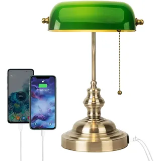 FIRVRE Grün Glas Banker Schreibtischlampe Tischlampen Retro Tischleuchte mit kabellosem Ladegerät USB Nachttischlampe mit Ladefunktion Antikes Metall Messing Zugkettenschalter