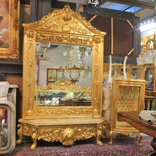 Casa Padrino Luxus Barock Spiegelkonsole Gold Lion mit Marmorplatte - Luxus Wohnzimmer Möbel Konsole mit Spiegel Löwenkopf