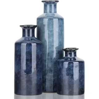 Blaues Keramikvasen-Set – 3 Blaue kleine Vasen, Bauernhaus-Landhaus-Vasen, Heimdekoration, Wohnzimmerdekoration, Tischdekoration, Kamindekoration und Eingangsdekoration