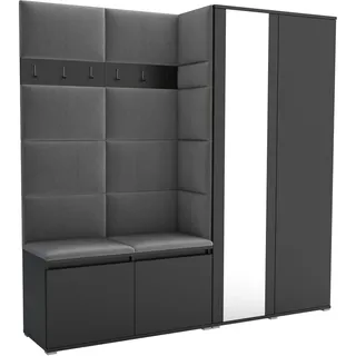 Brent - Flurgarderobe Luton 4, Garderobe Set: Schuhbank mit Sitzfläche, Garderobenpaneel, Garderobe mit Spiegel, Flur Möbel, Schwarz + Polsterpaneele in Hellgrau