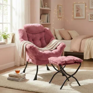 RBFGYIOP Lesesessel Mit Hocker, Relaxsessel Mit Armlehnen, Seitentasche & Fußstütze – Moderner Ohrensessel, Loungesessel Und Fernsehsessel Für Wohnzimmer Schlafzimmer Büro, Kunstfell in Dunkelrosa