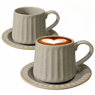 NIUKOMY Kaffeebecher mit Untertasse Vintage 2er Set, 300ML Keramik Cappuccino Tassen, Goße Espressotassen Porzellan, Frühstück Tasse, Kaffeetassen Geschenke, Grau2