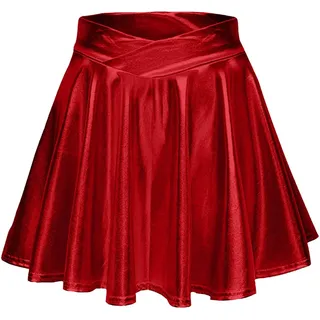 Metallischer Faltenrock Damen Mini Skater Rock PU Lederrock Sexy Hohe Taille A-Linie Silber Rock Karneval Metallic Y2K Tennisrock Tanzrock Rave Party Club Kostüme