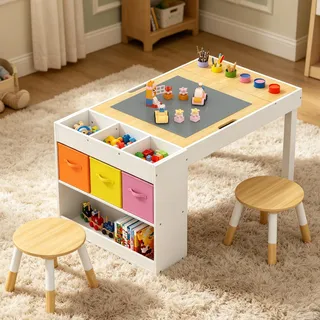 Xilingol Kindertisch mit 2 Stühlen,Spieltisch mit Stauraum,Kindertisch Holz,Kindersitzgruppe mit Wendbarer Tischplatte, Mal und Basteltisch für Kinder ab 3 Jahre(100 L x 60 B)