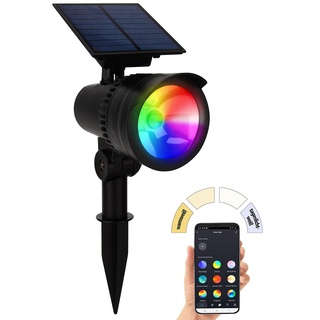 Lunartec Solarlampen Erdspiess: Smarter Solar-LED-Spot mit RGB-CCT, 50 lm, 1 W, Bluetooth, App, IP44 (Solarstrahler mit Erdspieß, LED Solar Gartenspot, Gartenleuchte Standleuchte)