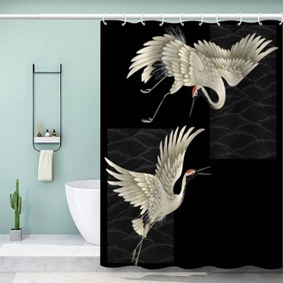 AKATIE Japanischer Stil Duschvorhang 180x200 Japanischer Kranich Schwarz Bad Vorhäng Anti-Schimmel Textil Anti-Bakteriel 3D Wasserdicht Duschvorhänge Badewanne mit 12 Hooks