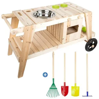 Small Foot Outdoor-Spielküche Garten-Spielset, Kinder Garten Matschküche Spielküche mit Rädern & Gartenwerkzeug