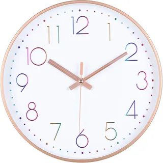 IvoQ Moderne Wanduhr - Leises Uhrwerk - Roségold & farbige 3D-Ziffern - Analog - Nicht tickend - 30 cm