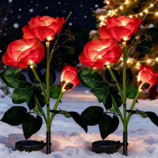 XRR Solarleuchten Garten Deko,2 Stück Solar Rose Lichter für Außen Wasserdicht Solarlampen mit 6LED, LED Solar Gartenleuchte Weihnachtsdeko für Garten, Büsche, Rasenflächen, Zäune,Rasen,Terrasse(rot)