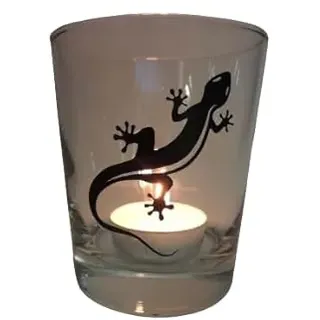 Lichtidee Teelicht Glas Windlicht Tischlicht Print schwarz mit Gecko/Salamandeer schwarz Herbst Handmade Unikat Maritim Geburtstag Ostern Muttertaggeschenk, Höhe 8cm,