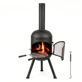 BonFeu BonSolo Terrassenofen Schwarz – Hochwertiger Gartenkamin mit BBQ-Grillfunktion, Ø 34 cm, H 124 cm – Robuster Outdoor-Kamin aus Stahl inkl. Grillrost und Schürhaken für Garten & Terrasse