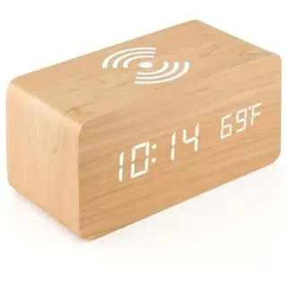 Digitaler Thermometer-wecker, Digitaler Holzwecker, Led-digitalwecker Aus Holz Mit Kabelloser Ladefunktion, Wecker Aus Holz Mit Induktionsladegerät, Kabelloses Ladegerät Für Schlafzimmer/büro
