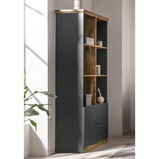 loft24 Bücherregal Casper - Regal Standregal Wohnzimmerregal, Regal mit 2 Türen, 6 Fächer, Landhaus rustikal, Breite 80 cm grau